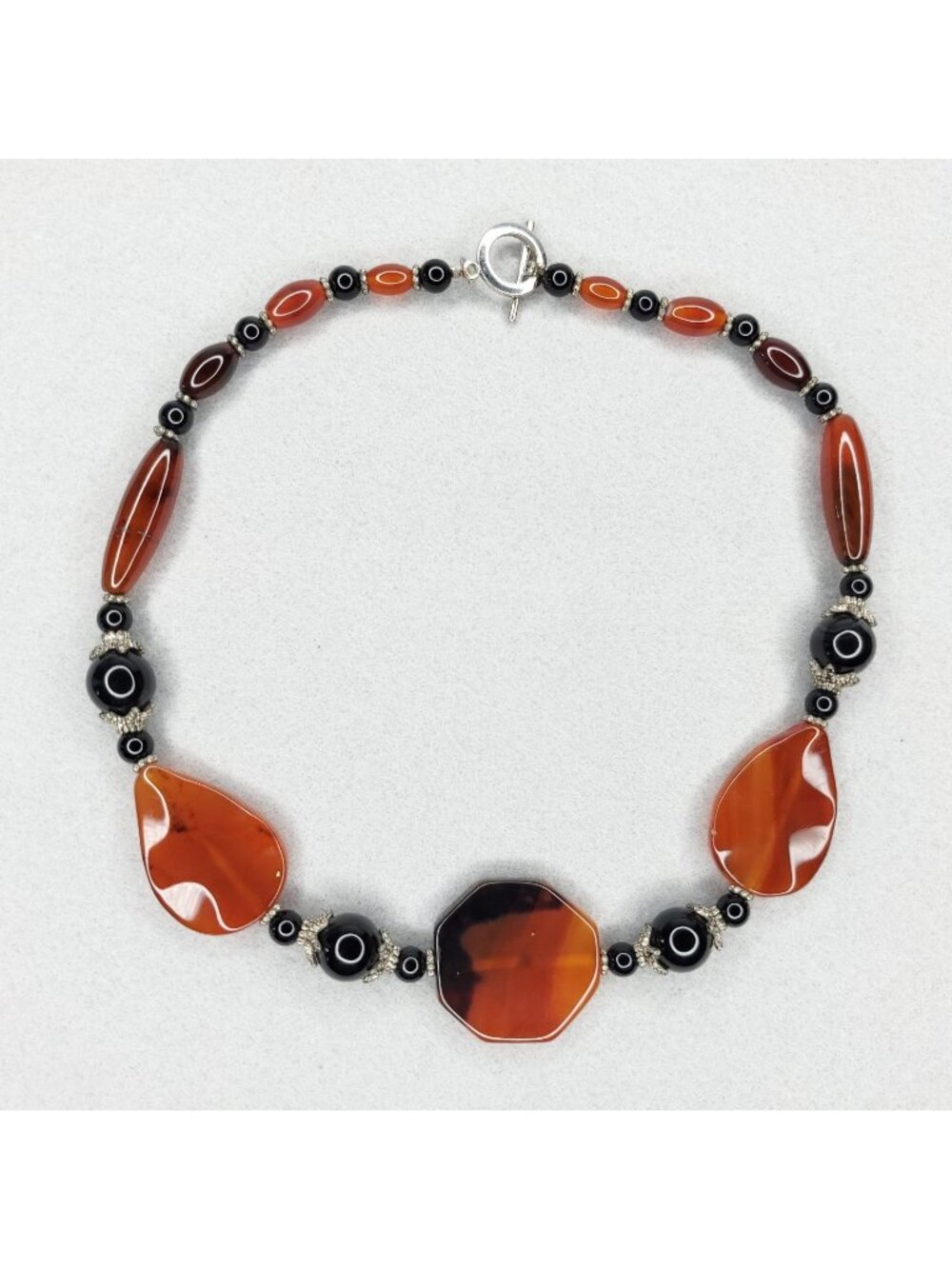 Polished Agate Beaded Necklace Rust Orange Black Toggle Boho 16"